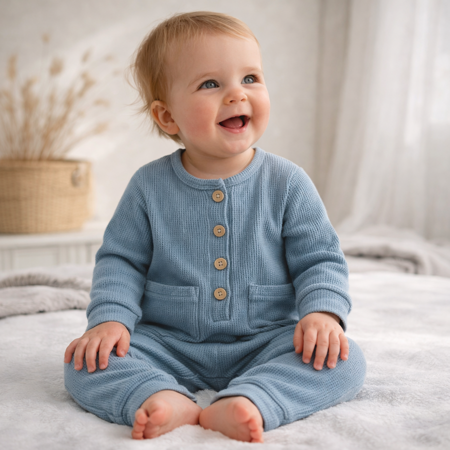 Waffle Knit Pocket Romper - Blue, product view 2
