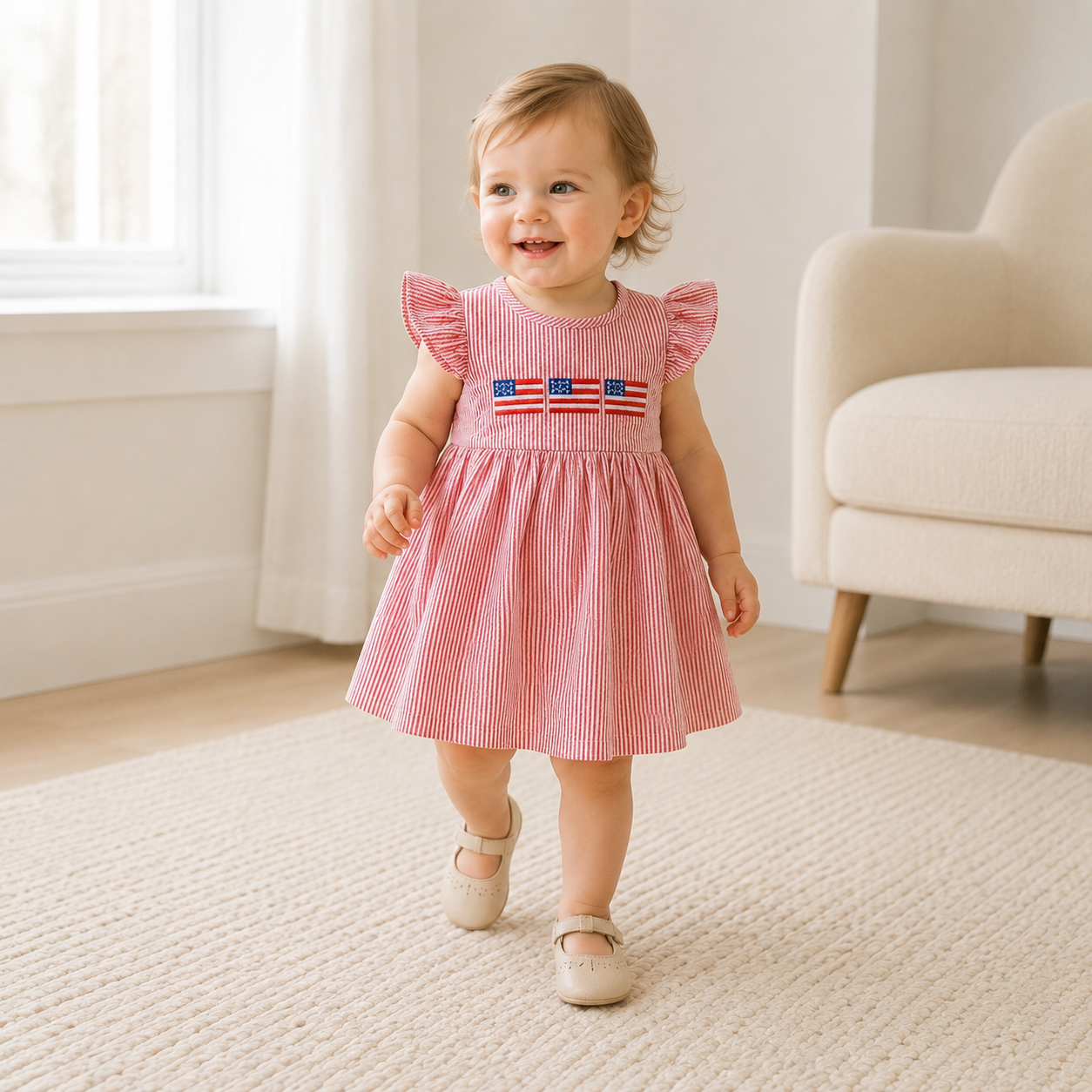 Stars & Stripes Seersucker Flutter Dress - Red