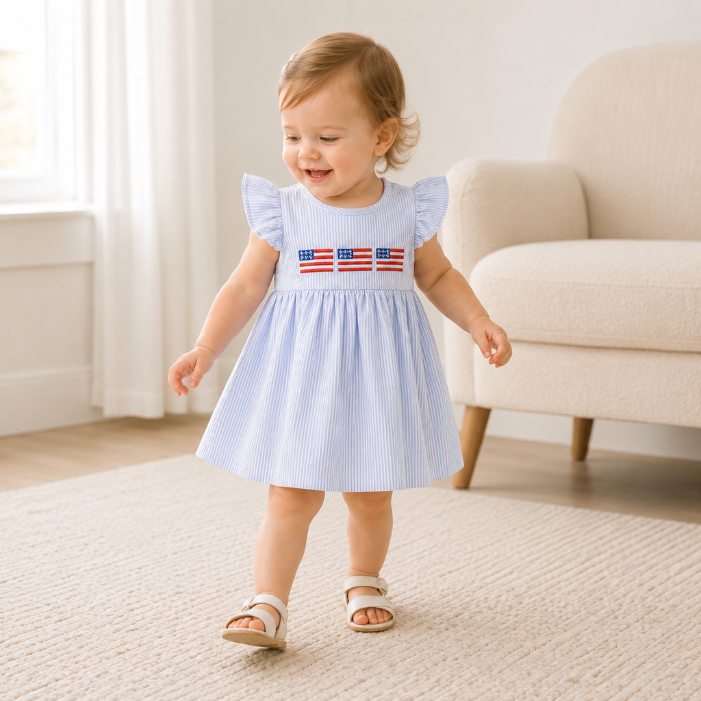 Stars & Stripes Seersucker Flutter Dress - Blue