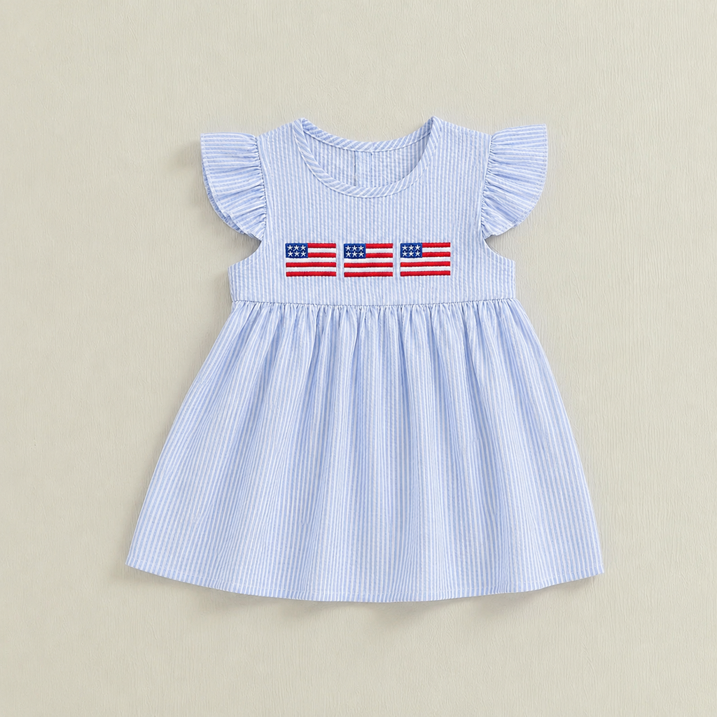 Stars & Stripes Seersucker Flutter Dress - Blue