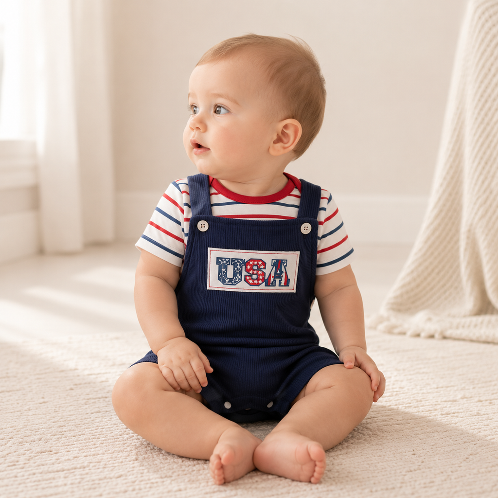 Patriotic Ribbed Romper Set - Blue USA