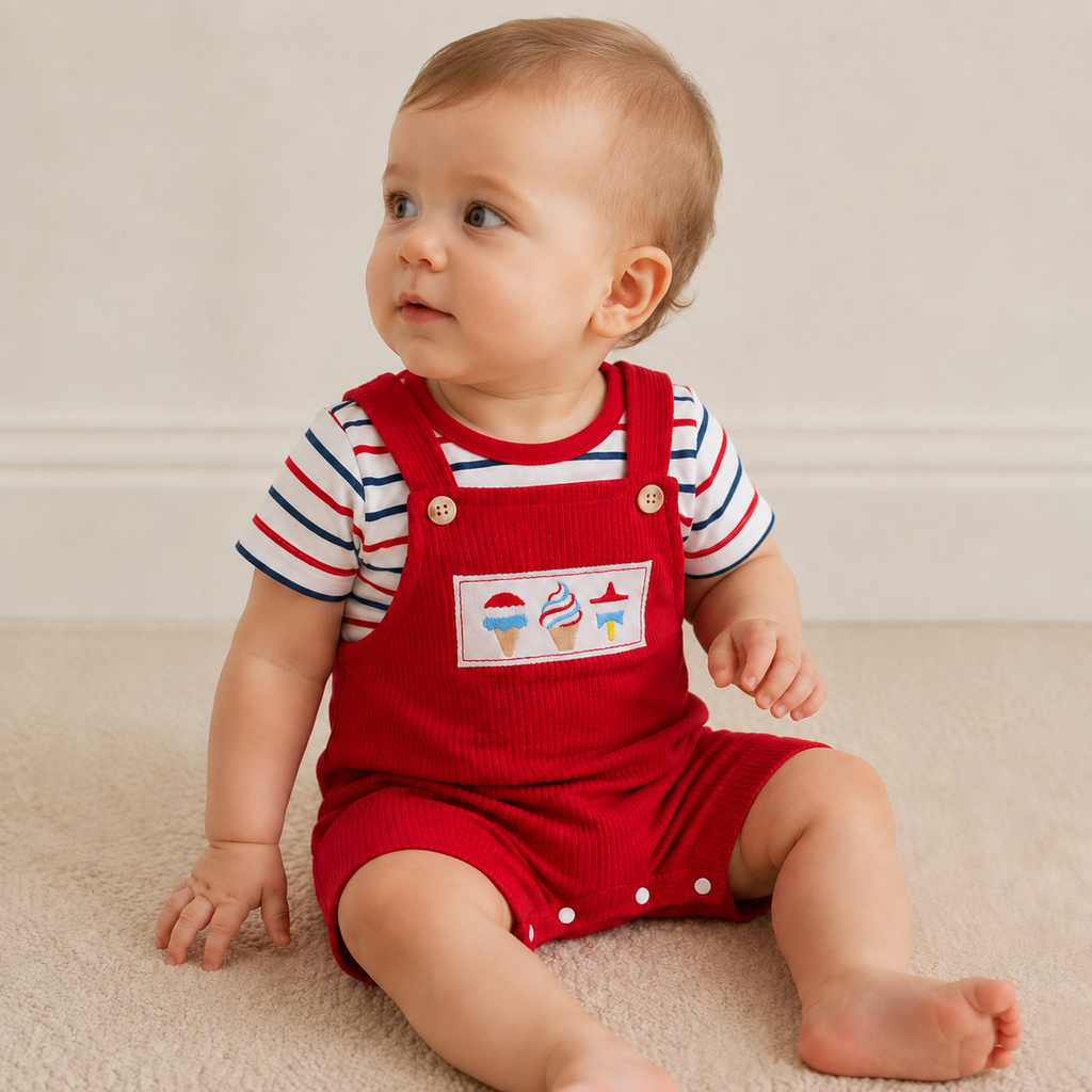 Patriotic Ribbed Romper Set - Red
