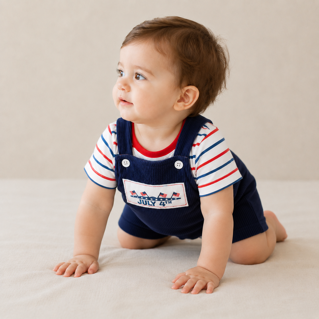 Patriotic Ribbed Romper Set - Blue July 4th