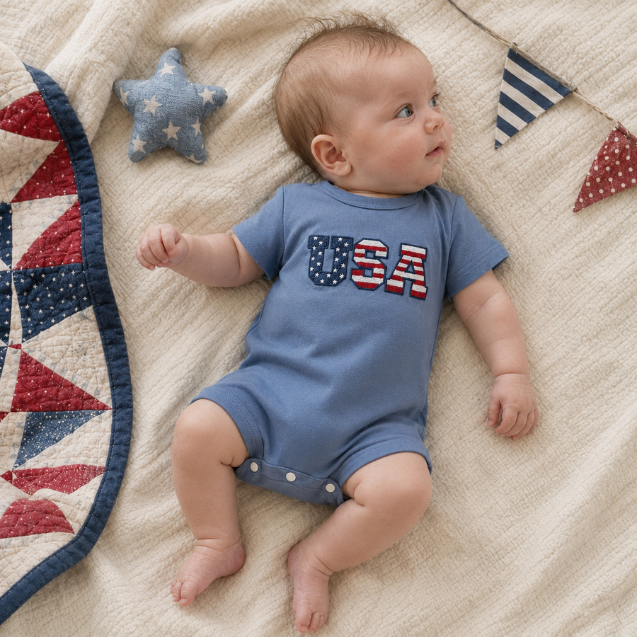 USA Appliqué Short Sleeve Baby Romper - Blue, product view 2