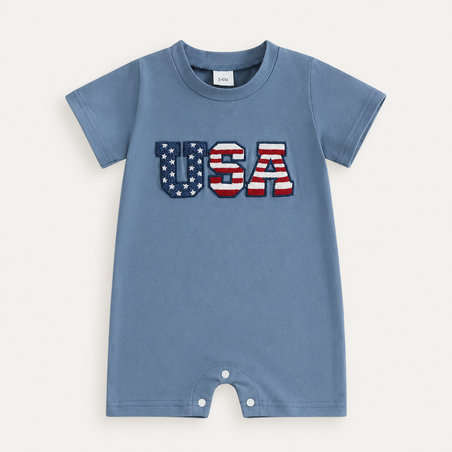 USA Appliqué Short Sleeve Baby Romper - Blue, product view 3