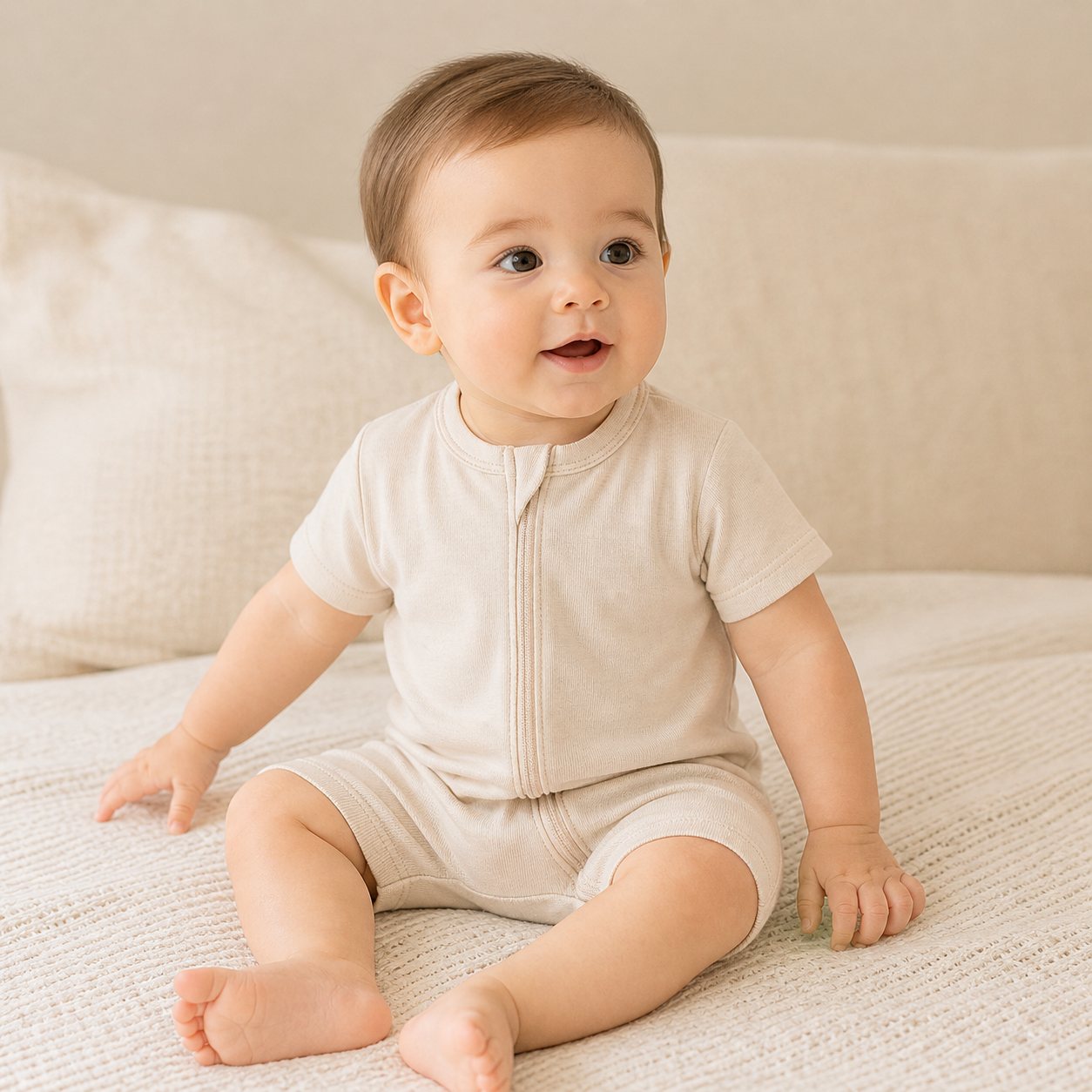 Soft Bamboo Short Sleeve Zip Romper - Oatmeal