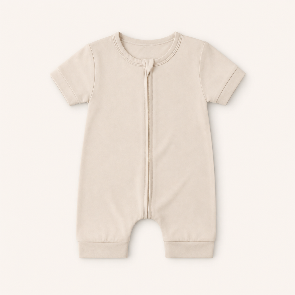 Soft Bamboo Short Sleeve Zip Romper - Oatmeal