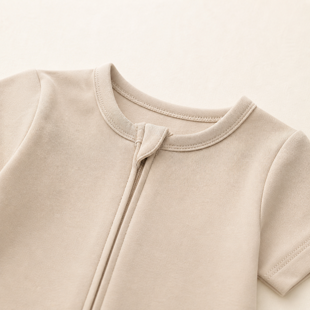 Soft Bamboo Short Sleeve Zip Romper - Oatmeal