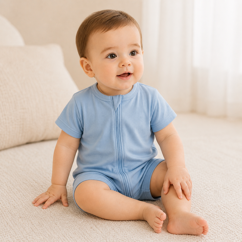 Soft Bamboo Short Sleeve Zip Romper - Powder Blue