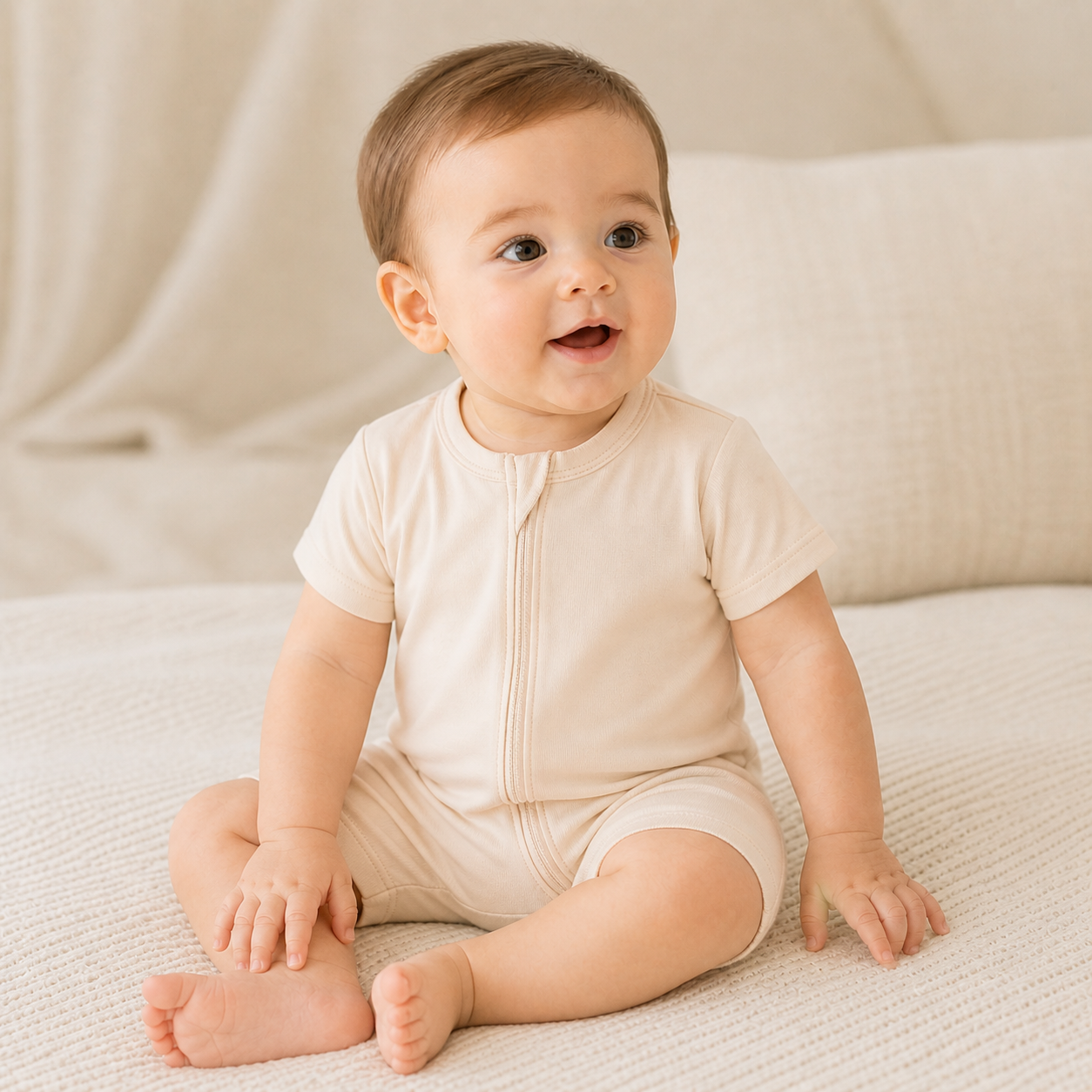 Soft Bamboo Short Sleeve Zip Romper - Cream Peach