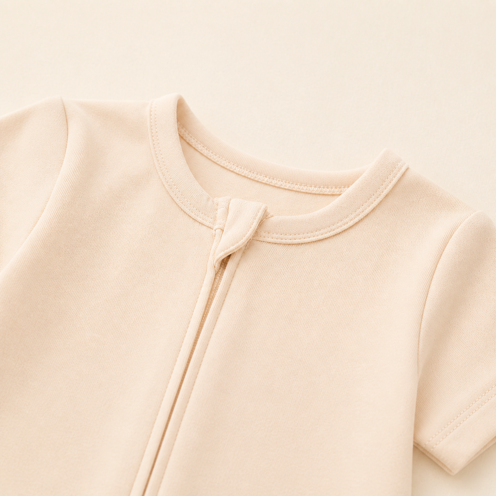 Soft Bamboo Short Sleeve Zip Romper - Cream Peach