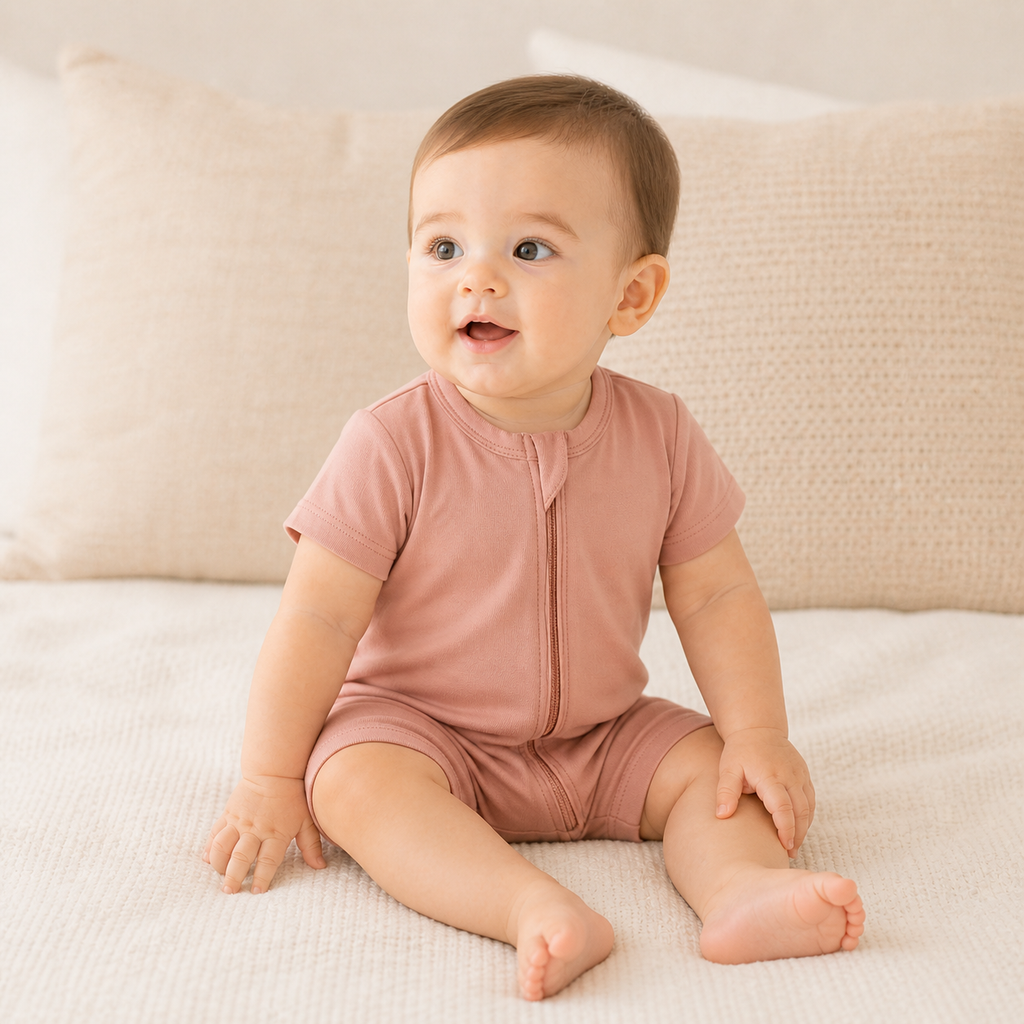 Soft Bamboo Short Sleeve Zip Romper - Dusty Rose