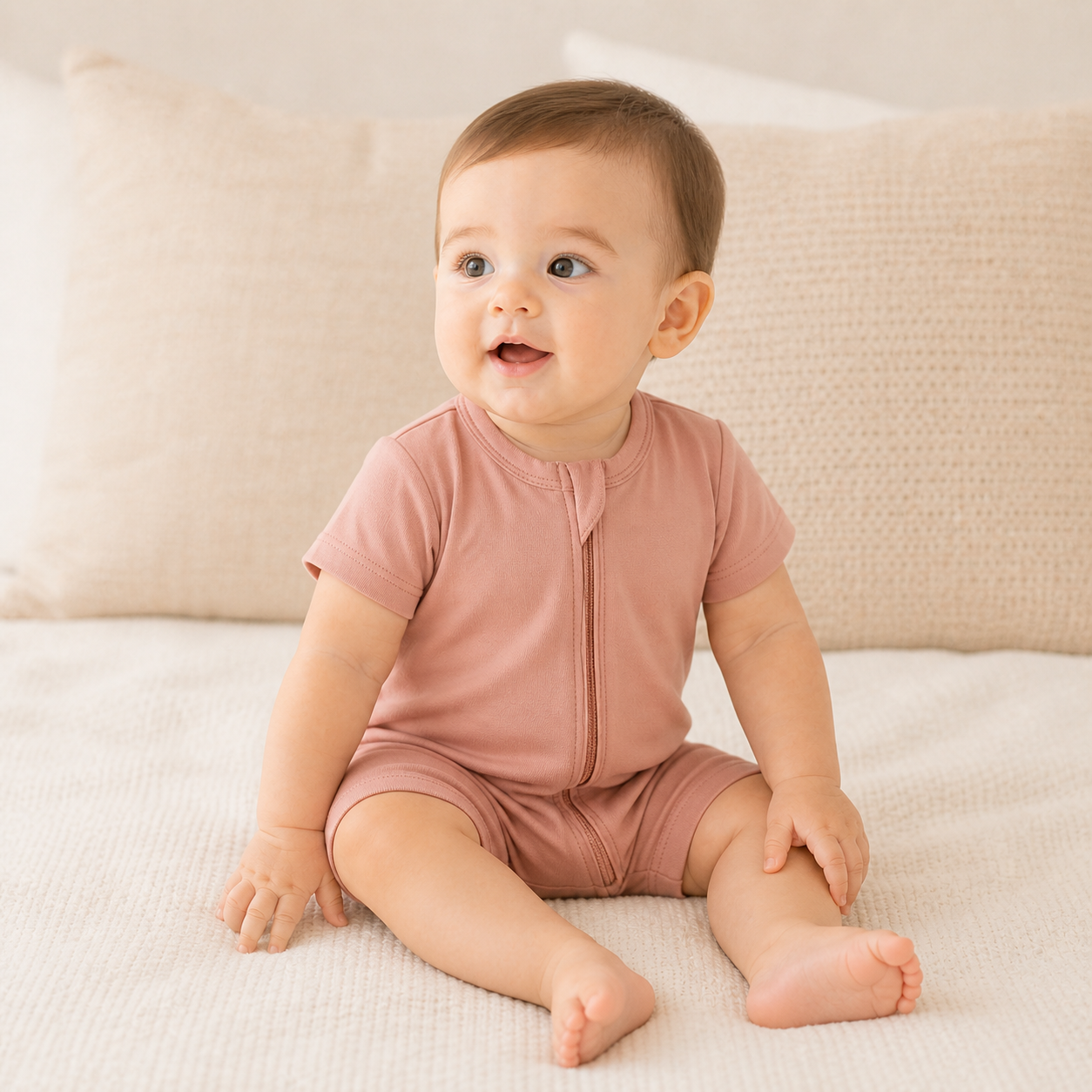 Soft Bamboo Short Sleeve Zip Romper - Dusty Rose