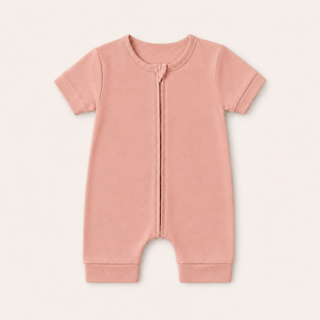 Soft Bamboo Short Sleeve Zip Romper - Dusty Rose