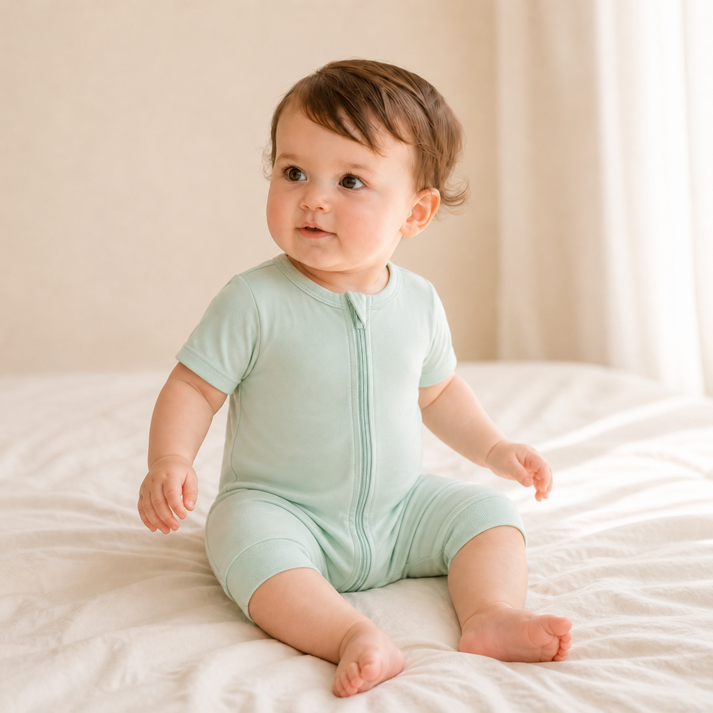 Soft Bamboo Short Sleeve Zip Romper - Sage