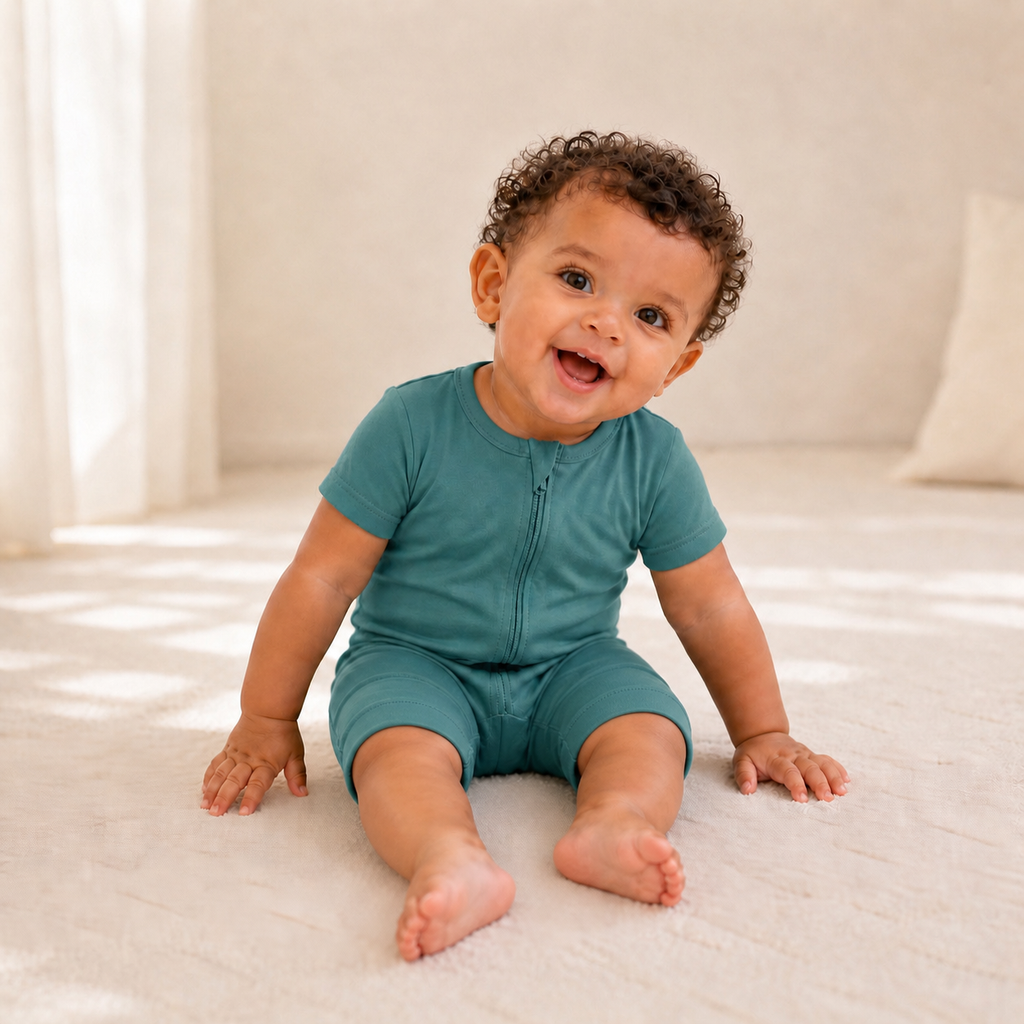 Soft Bamboo Short Sleeve Zip Romper - Deap Teal