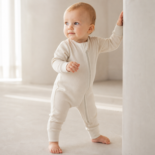 Long Sleeve Ribbed Zip Romper - Ivory, product view 2