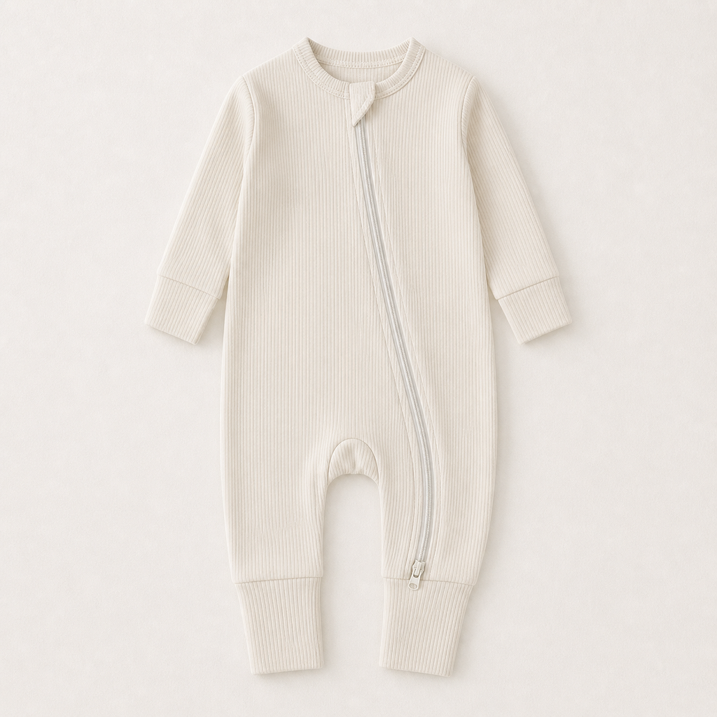 Long Sleeve Ribbed Zip Romper - Ivory