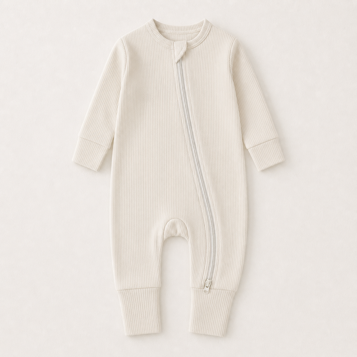 Long Sleeve Ribbed Zip Romper - Ivory