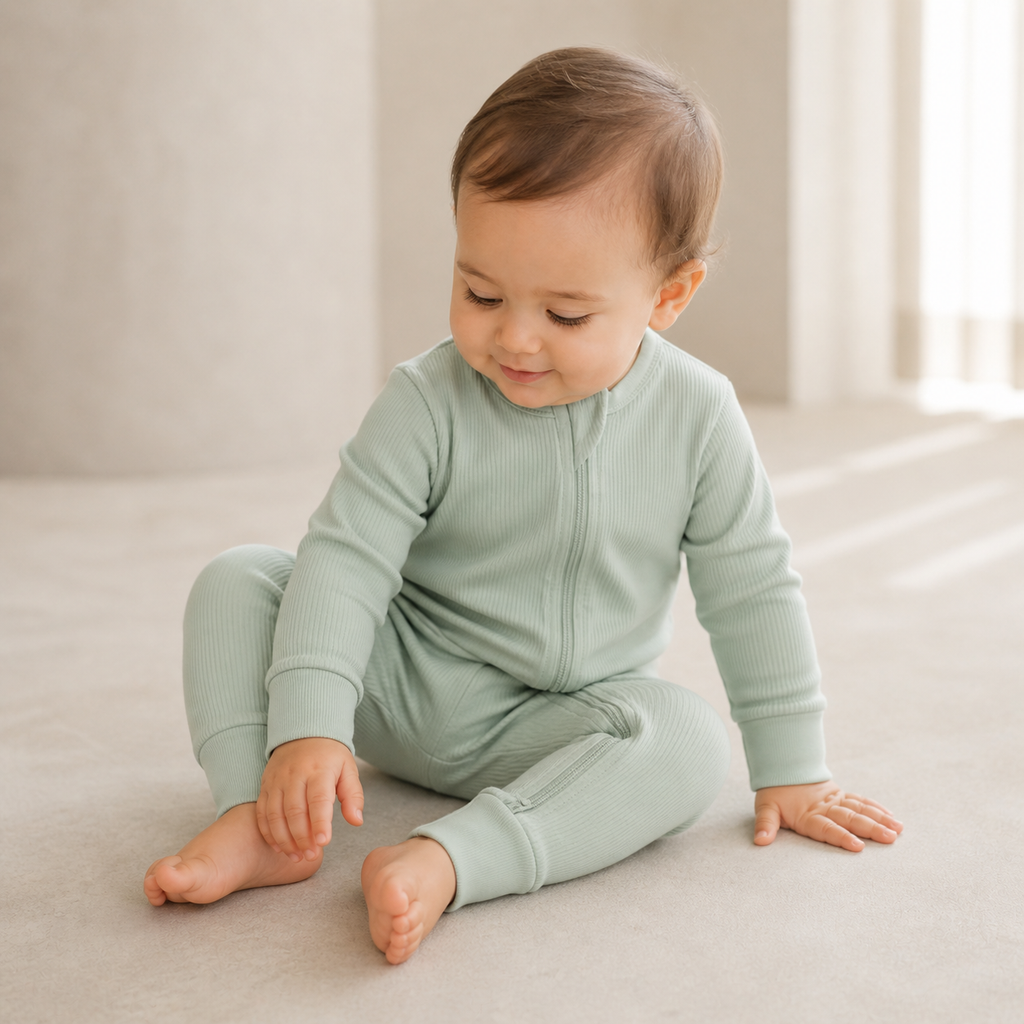Long Sleeve Ribbed Zip Romper - Sage