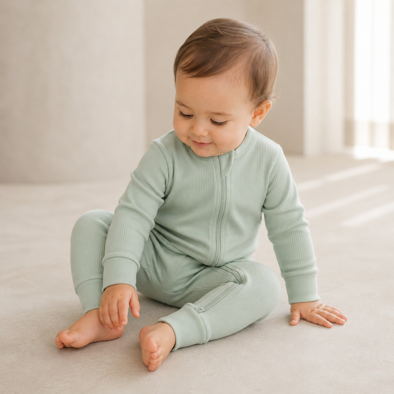Long Sleeve Ribbed Zip Romper - Sage
