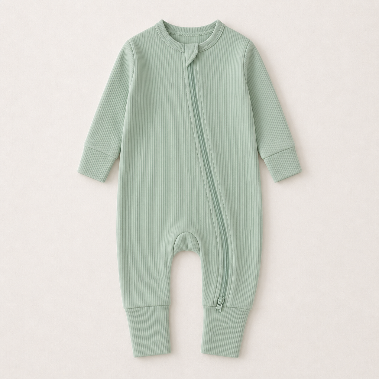 Long Sleeve Ribbed Zip Romper - Sage
