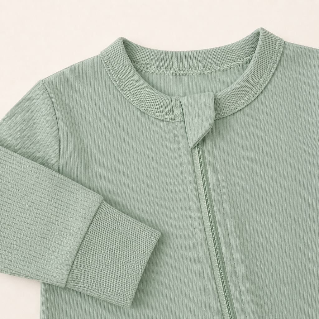 Long Sleeve Ribbed Zip Romper - Sage