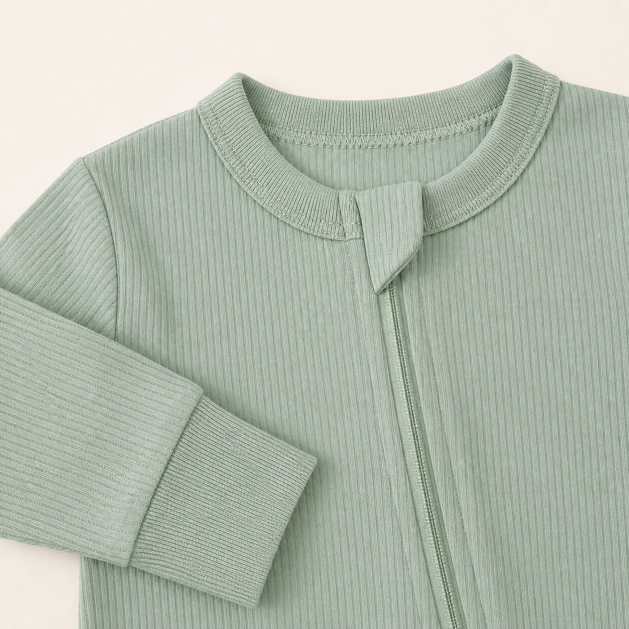 Long Sleeve Ribbed Zip Romper - Sage
