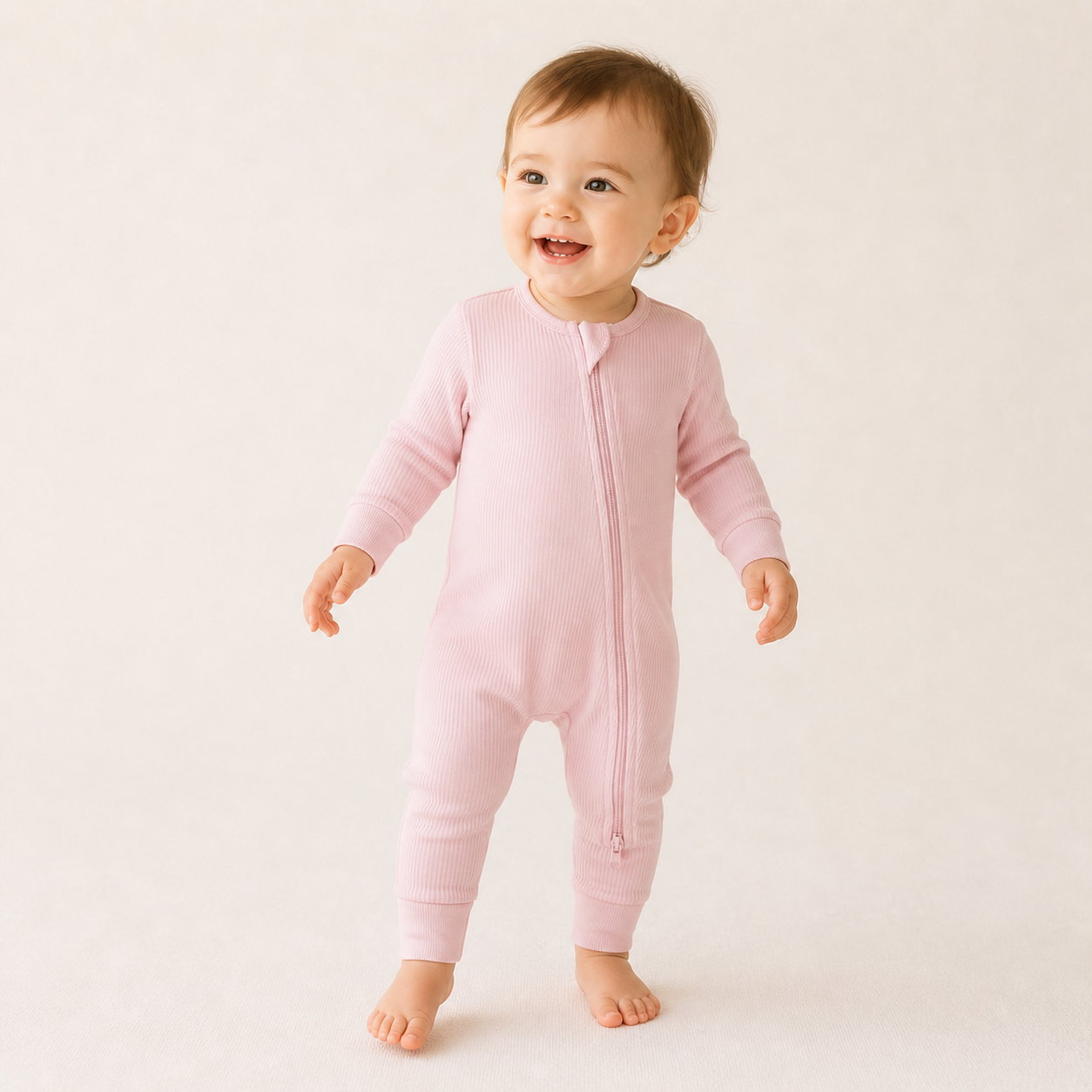 Long Sleeve Ribbed Zip Romper - Soft Blush