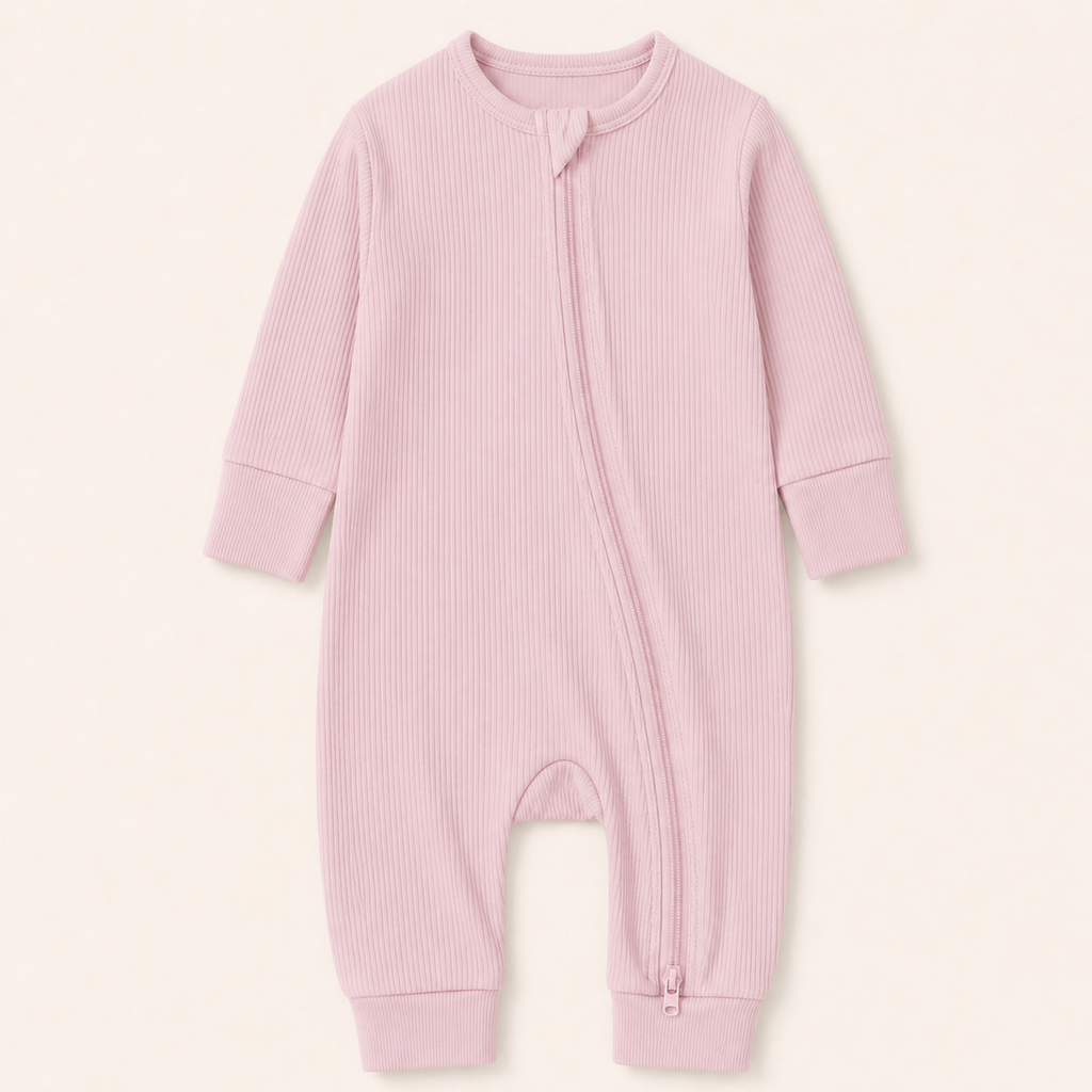 Long Sleeve Ribbed Zip Romper - Soft Blush
