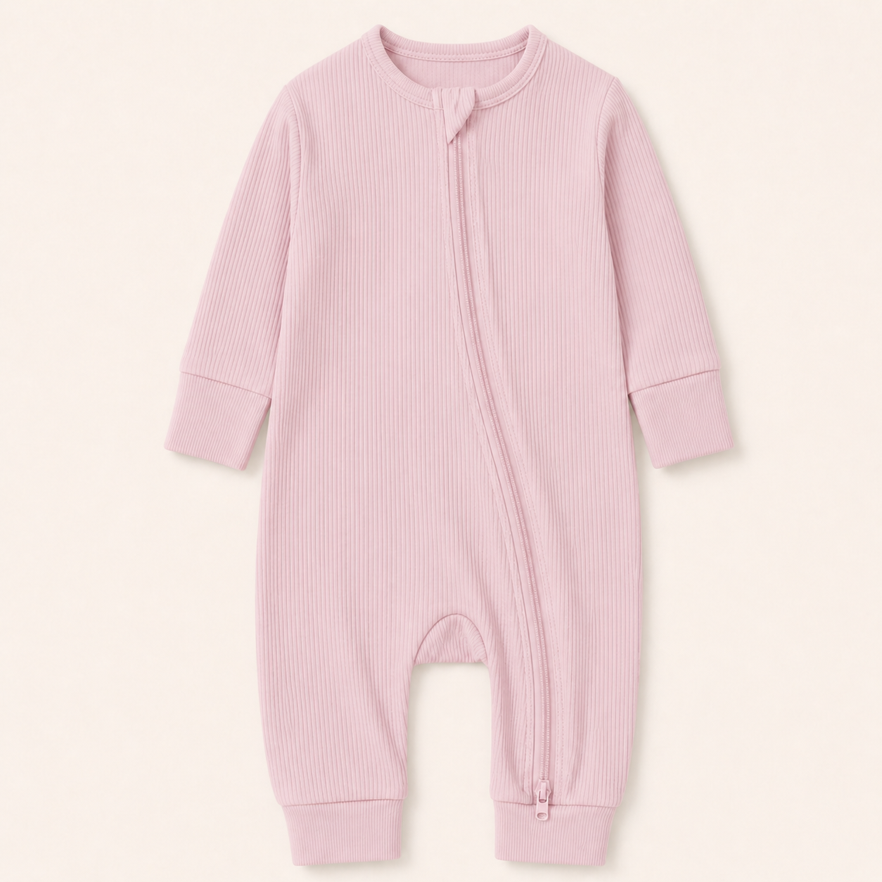 Long Sleeve Ribbed Zip Romper - Soft Blush