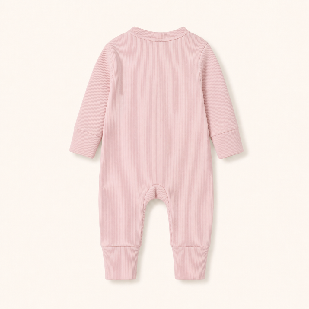 Long Sleeve Ribbed Zip Romper - Soft Blush