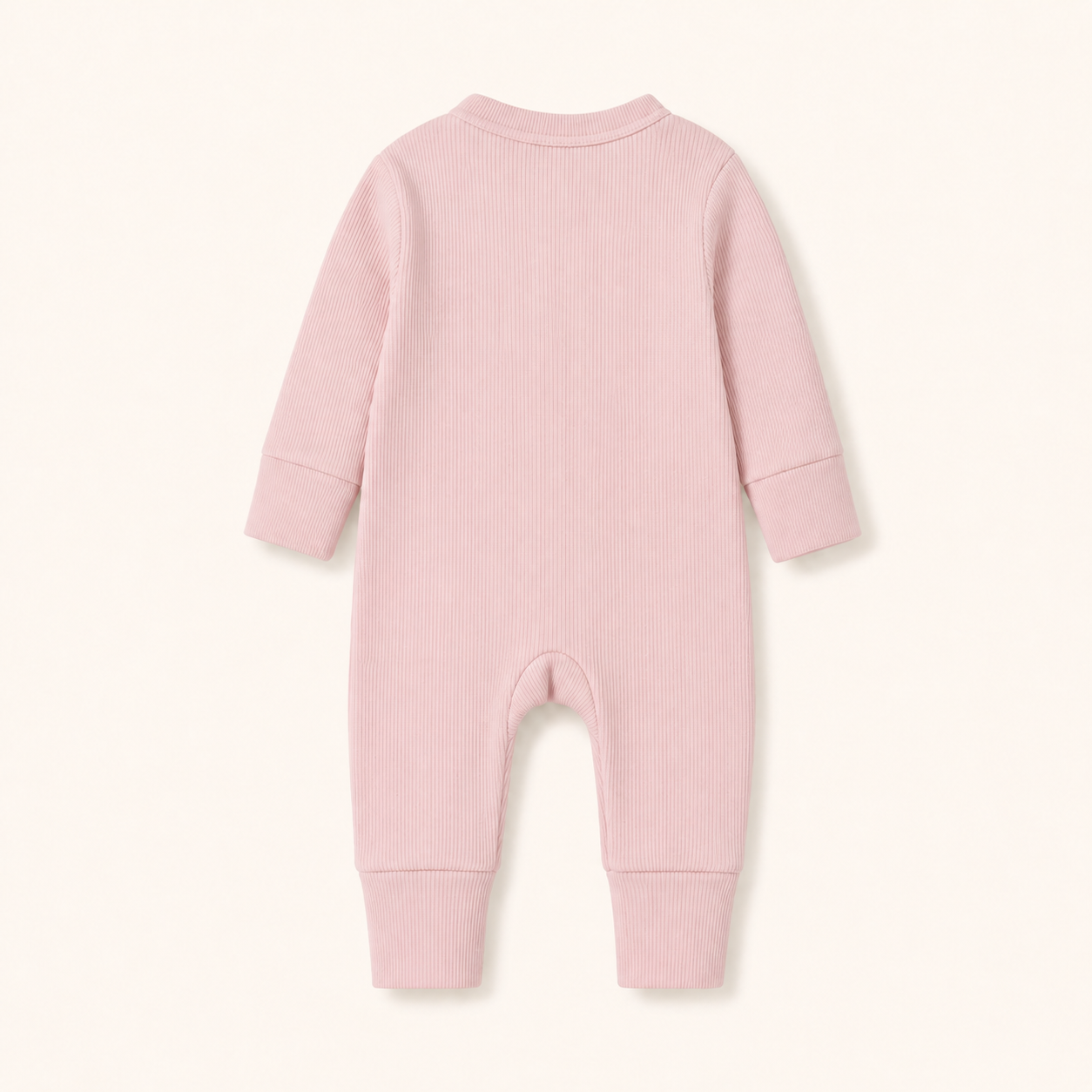Long Sleeve Ribbed Zip Romper - Soft Blush