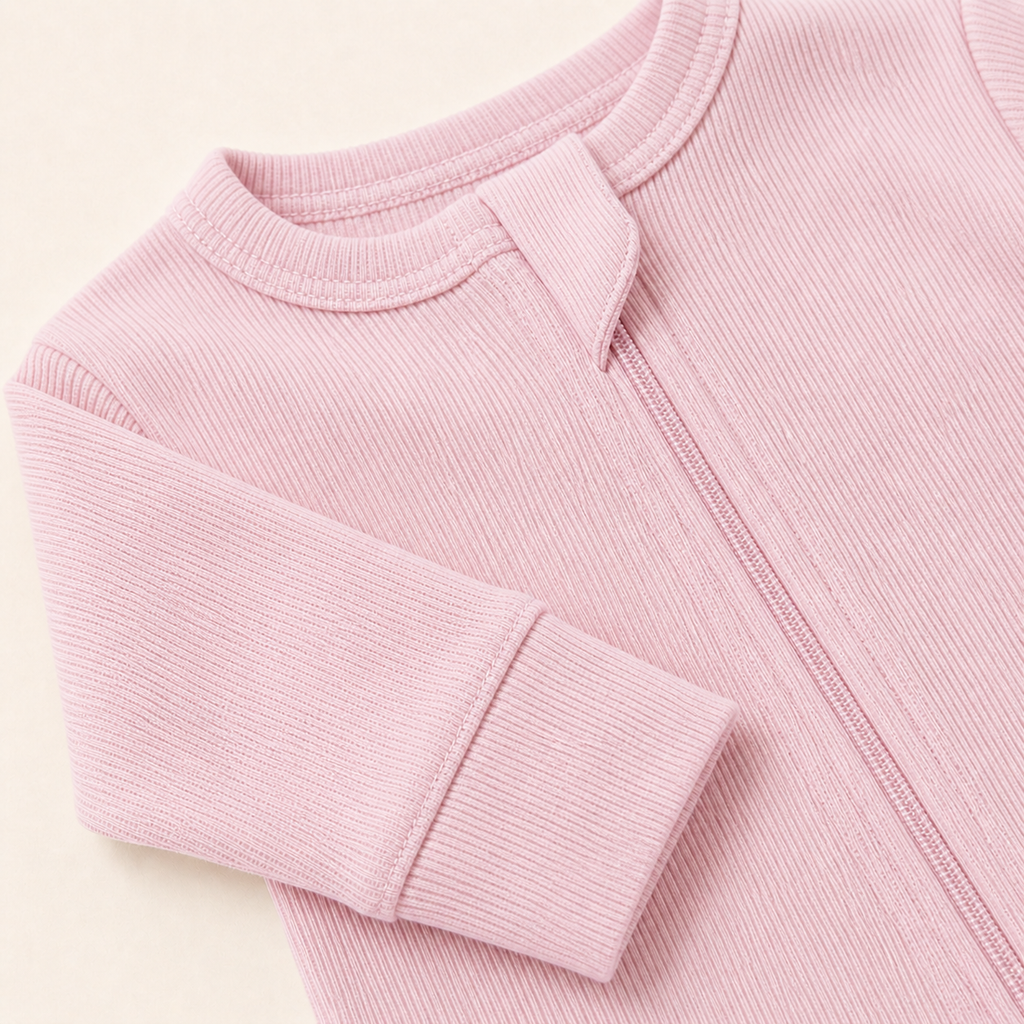Long Sleeve Ribbed Zip Romper - Soft Blush