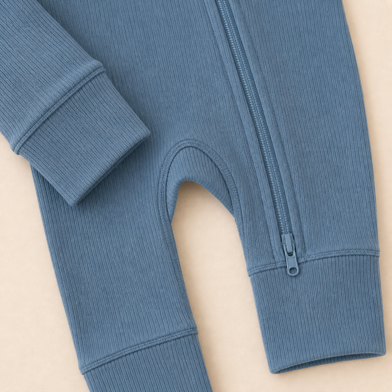 Long Sleeve Ribbed Zip Romper - Dusty Blue