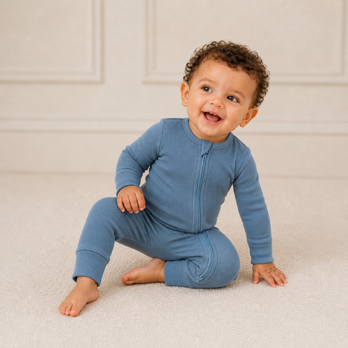 Long Sleeve Ribbed Zip Romper - Dusty Blue, product view 2