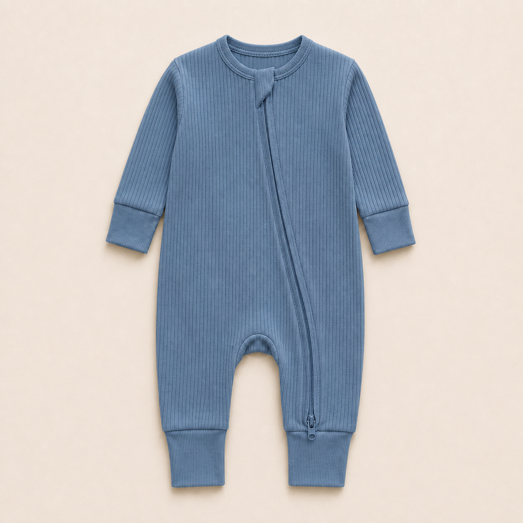 Long Sleeve Ribbed Zip Romper - Dusty Blue