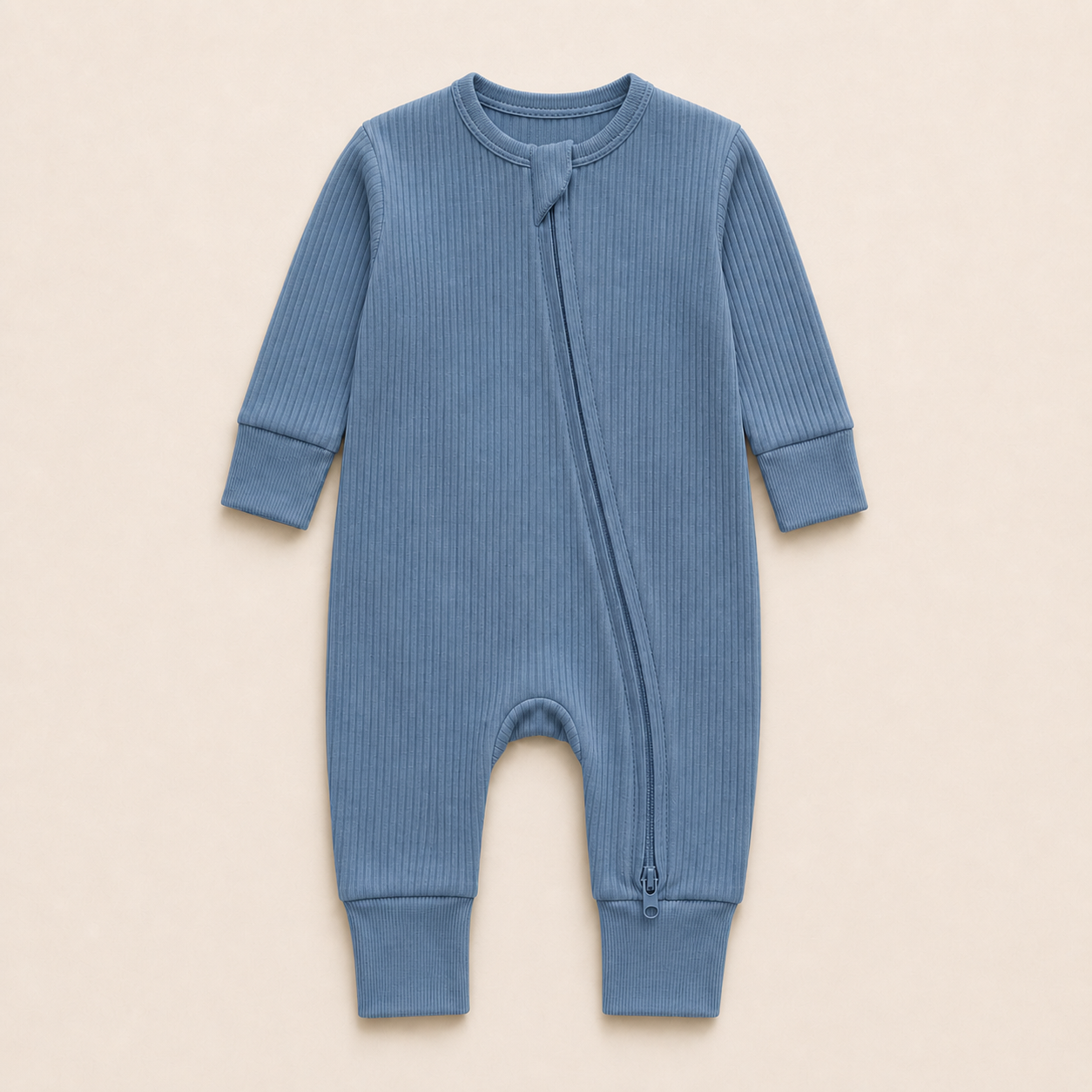 Long Sleeve Ribbed Zip Romper - Dusty Blue