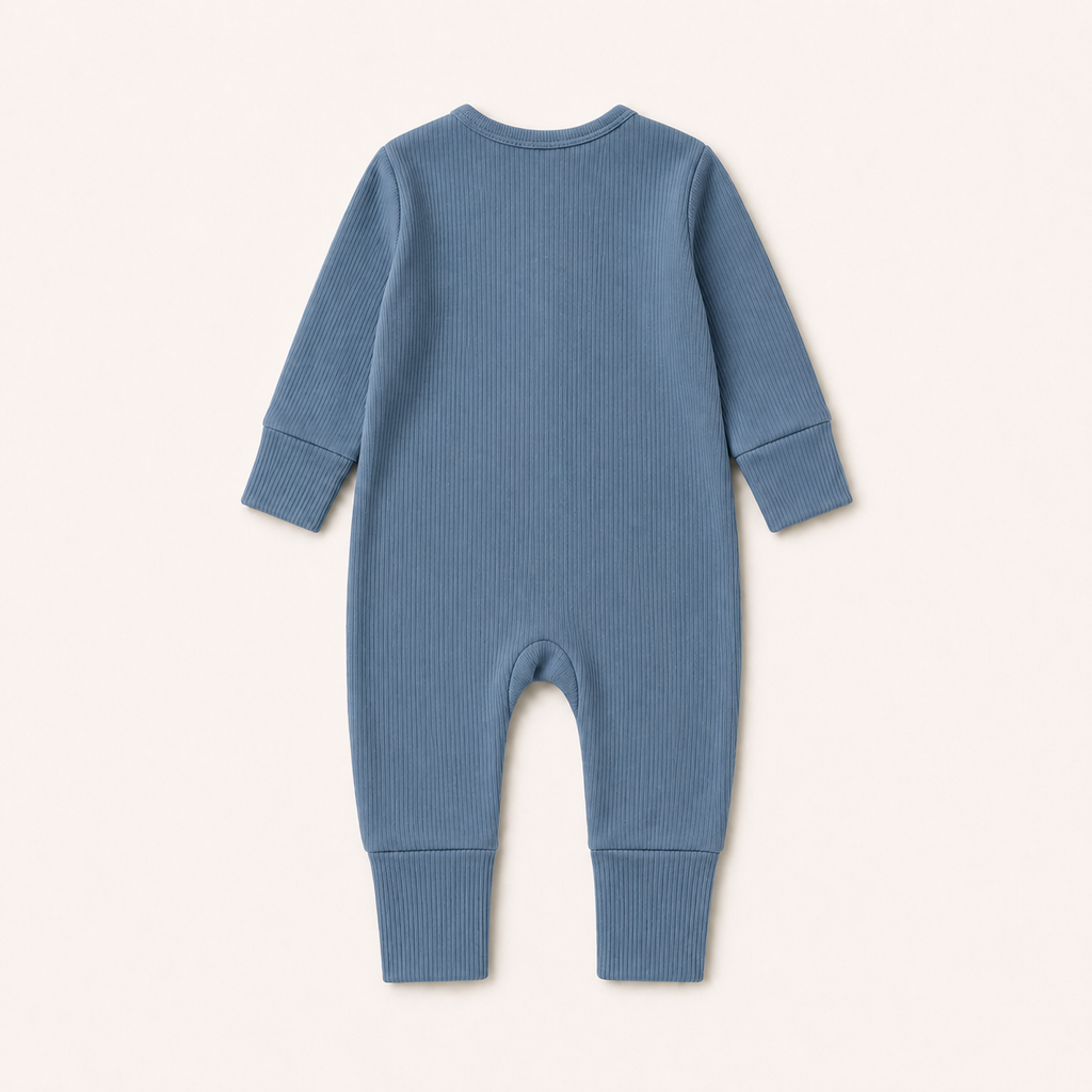 Long Sleeve Ribbed Zip Romper - Dusty Blue