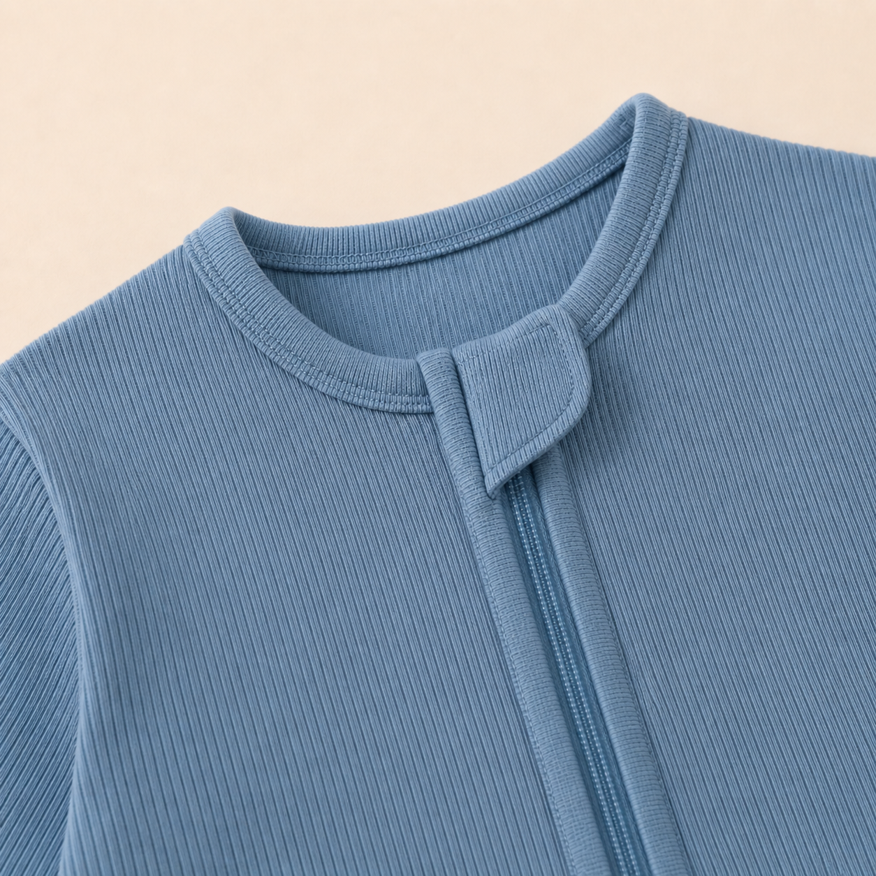 Long Sleeve Ribbed Zip Romper - Dusty Blue