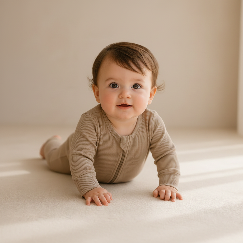 Long Sleeve Ribbed Zip Romper - Taupe