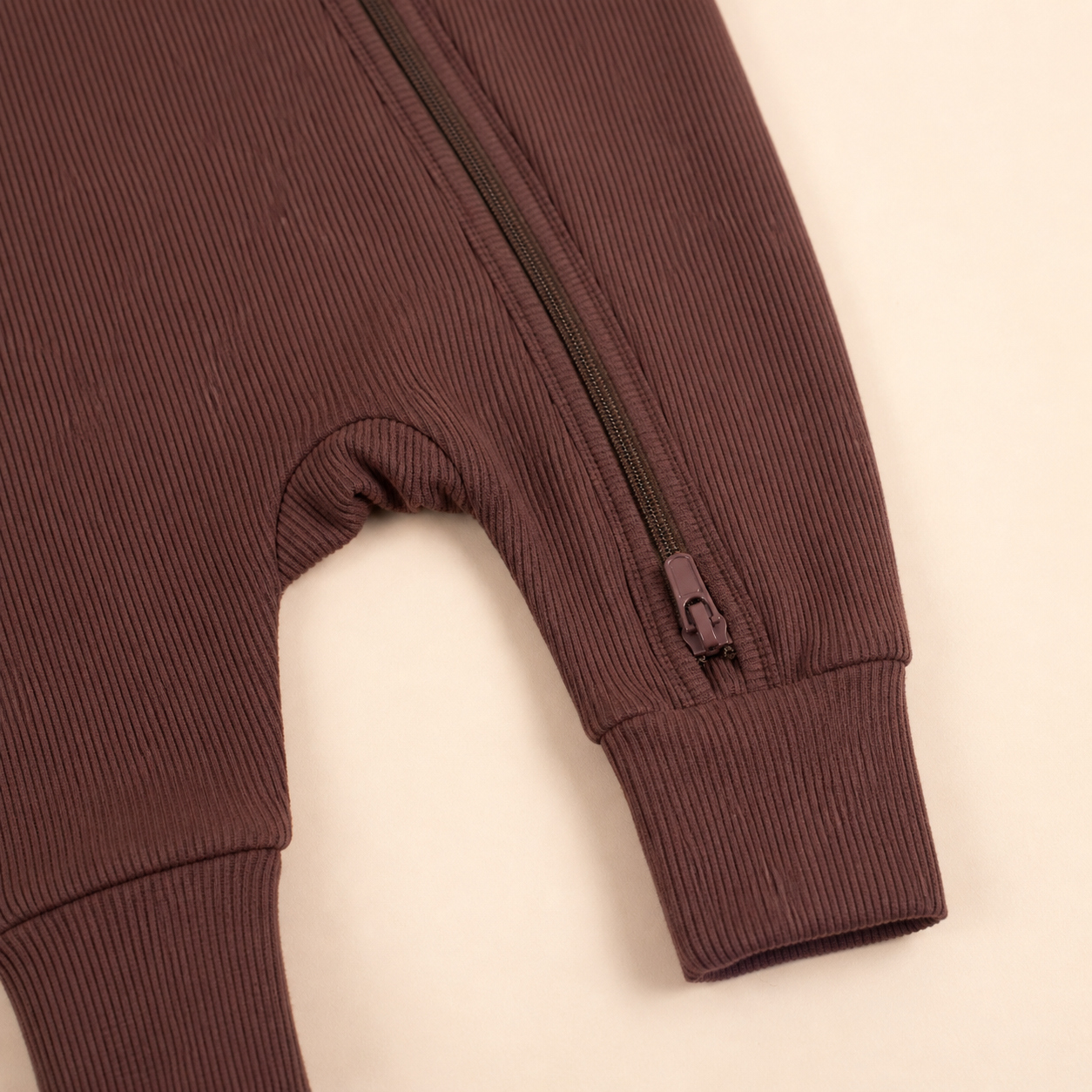Long Sleeve Ribbed Zip Romper - Cocoa
