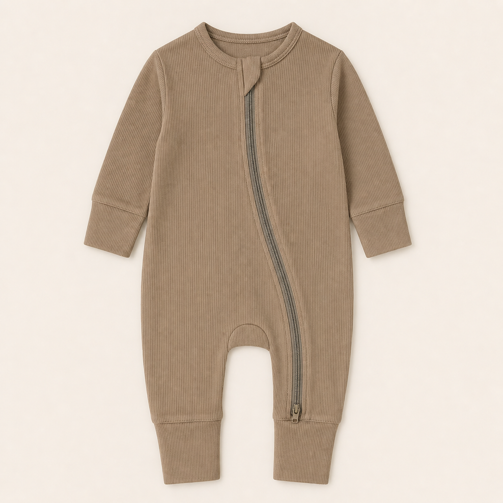 Long Sleeve Ribbed Zip Romper - Taupe