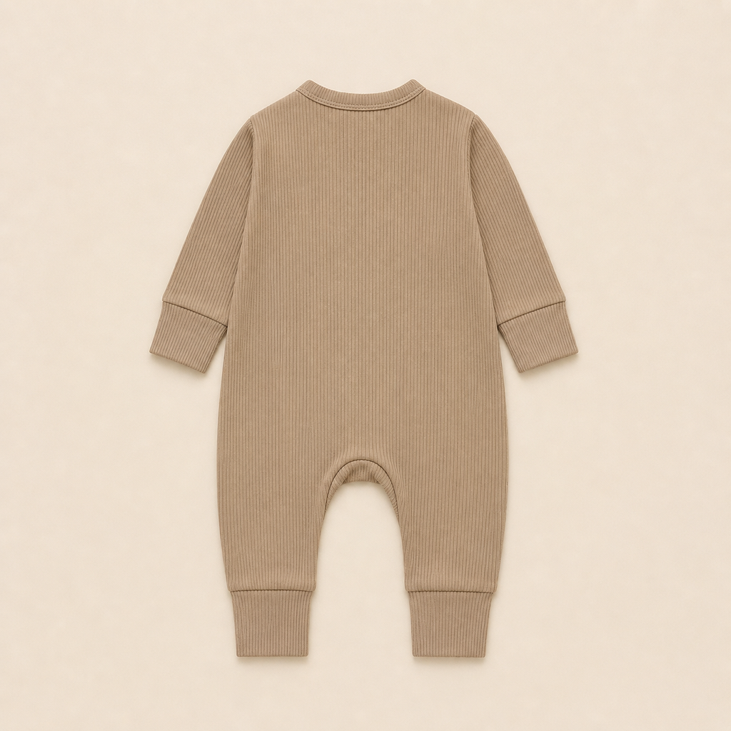 Long Sleeve Ribbed Zip Romper - Taupe