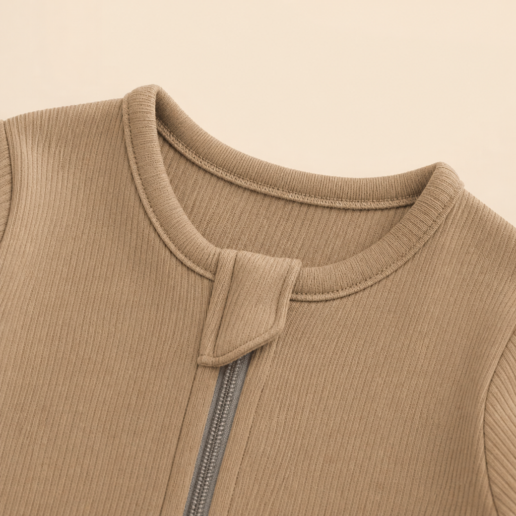 Long Sleeve Ribbed Zip Romper - Taupe