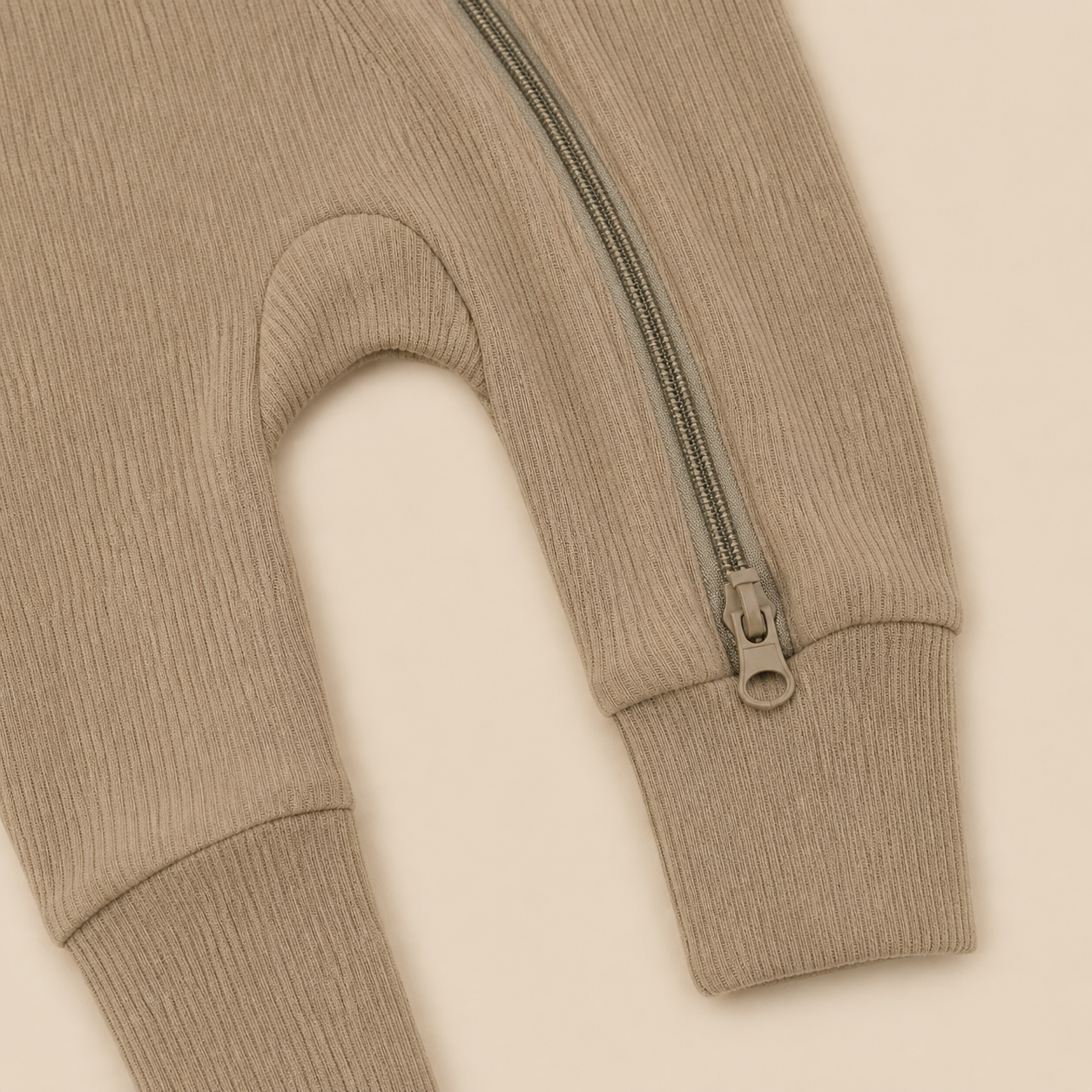 Long Sleeve Ribbed Zip Romper - Taupe