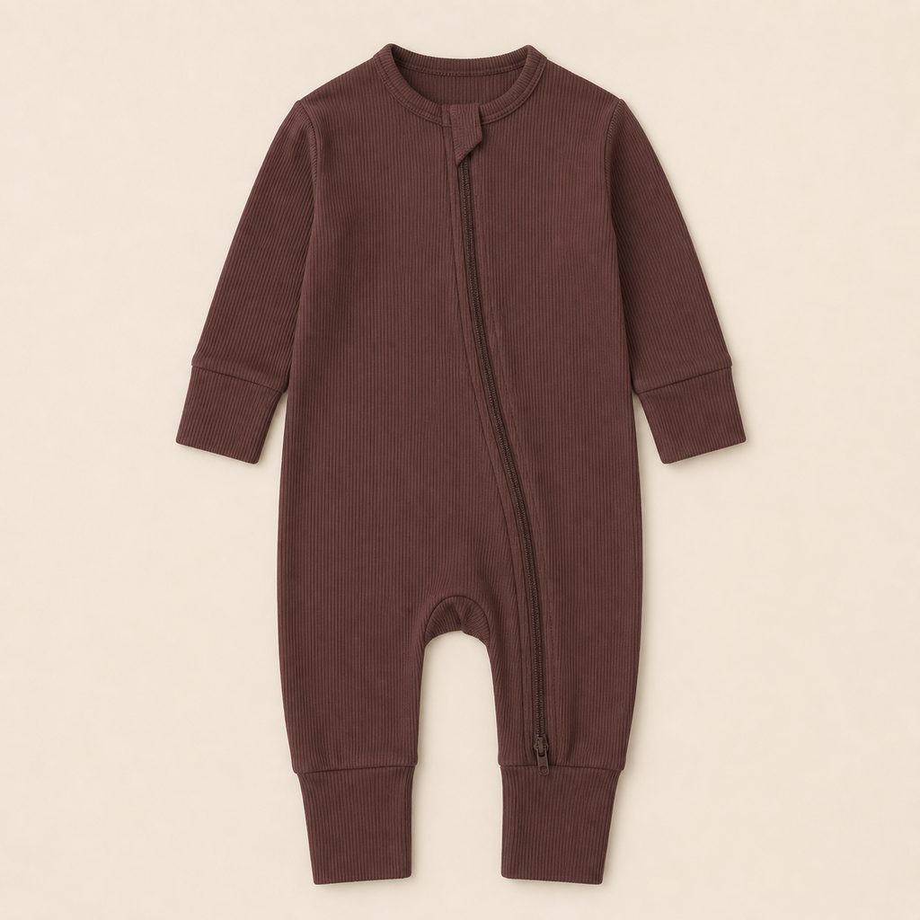 Long Sleeve Ribbed Zip Romper - Cocoa