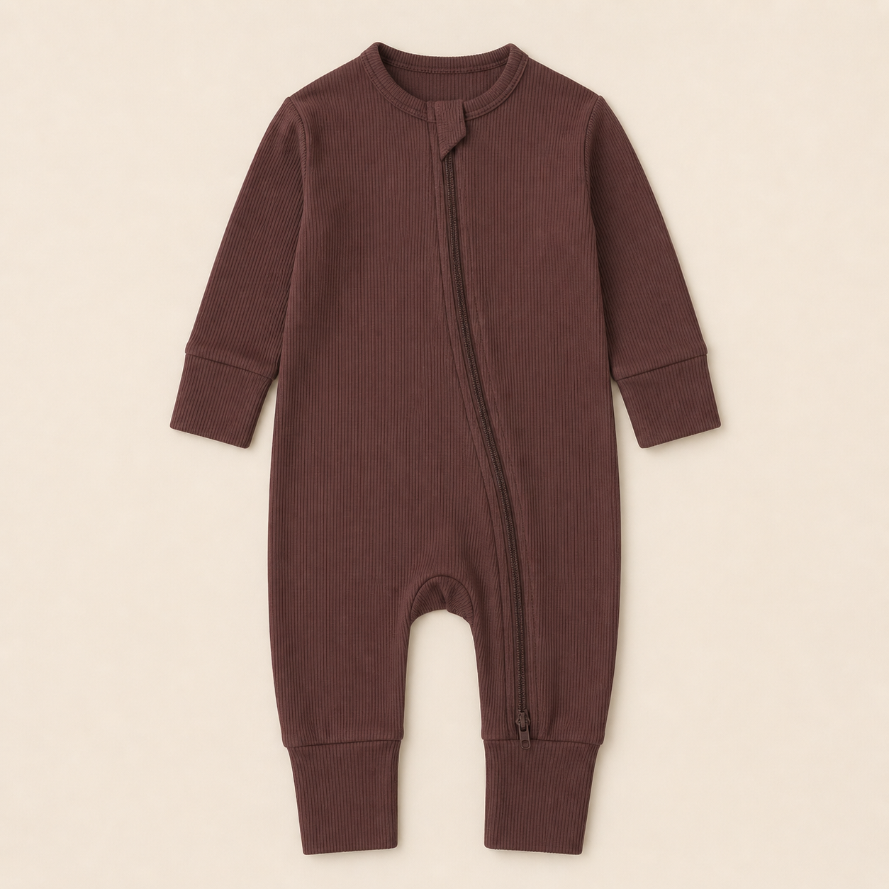 Long Sleeve Ribbed Zip Romper - Cocoa