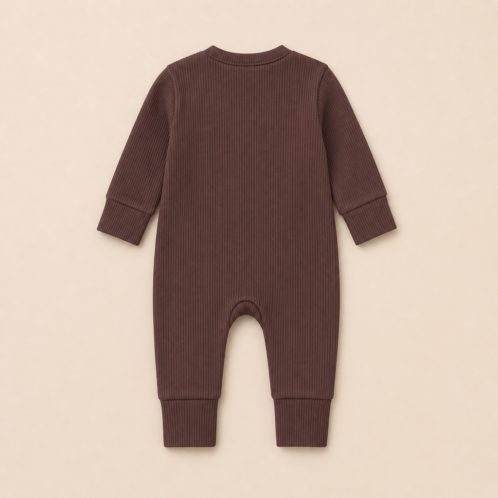 Long Sleeve Ribbed Zip Romper - Cocoa