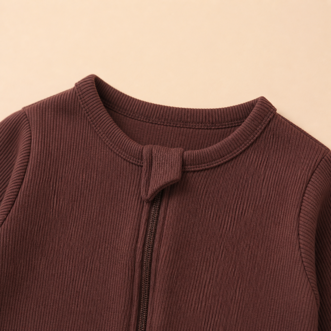 Long Sleeve Ribbed Zip Romper - Cocoa